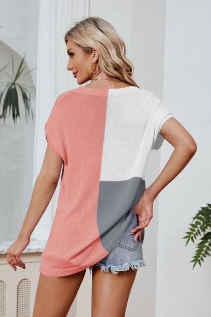 Color Block V-Neck Knit Top-Angel Casuals