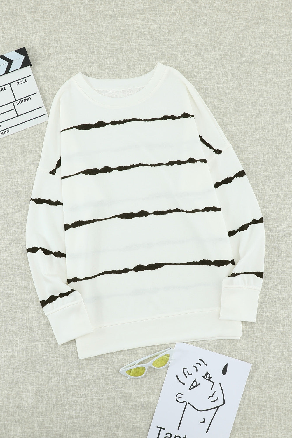 Slit Contrast Striped Round Neck Long Sleeve T-Shirt-Angel Casuals
