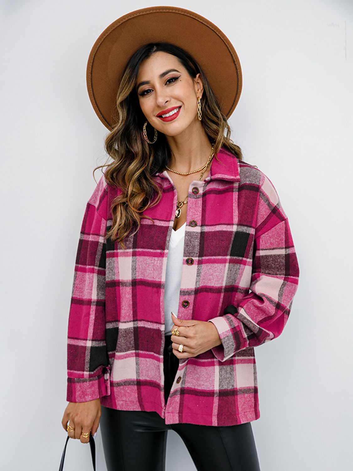 Plaid Button Up Collared Neck Jacket-Angel Casuals