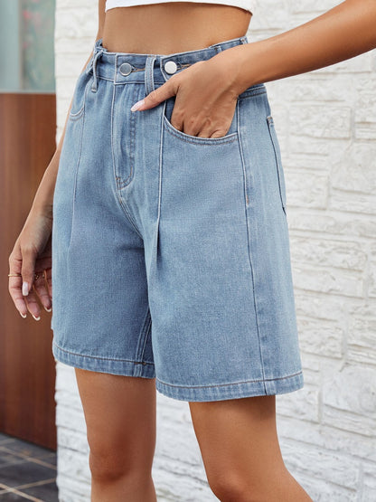 High Waist Denim Shorts with Pockets-Angel Casuals