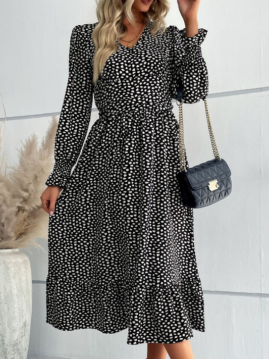 Printed Flounce Sleeve V-Neck Midi Dress-Angel Casuals