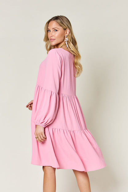 Double Take Full Size V-Neck Balloon Sleeve Tiered Dress-Angel Casuals