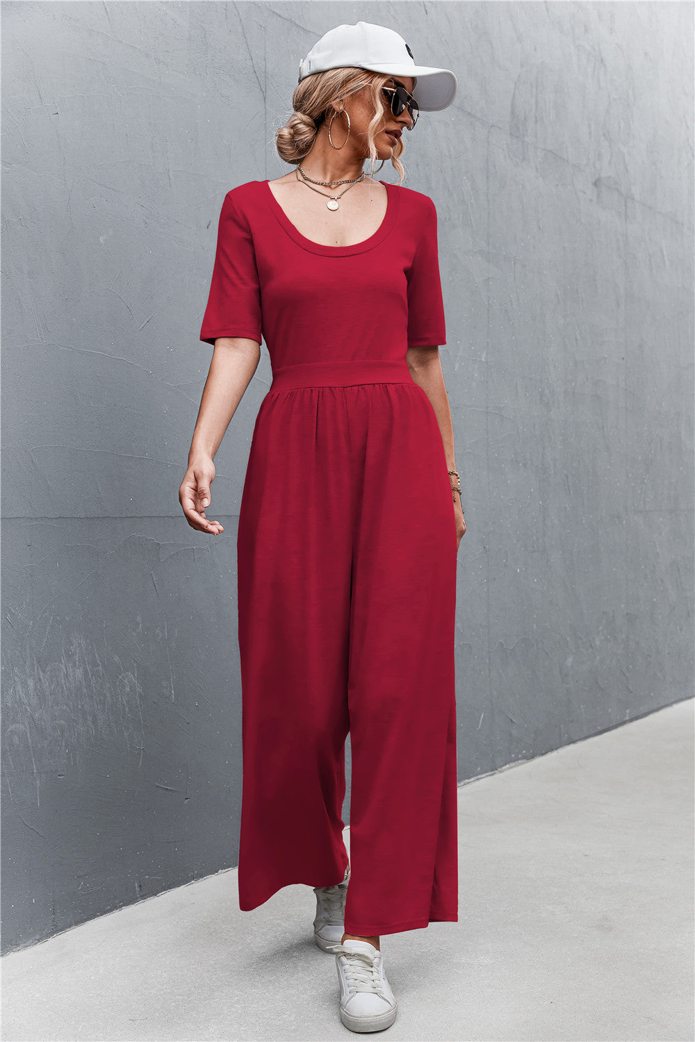 Scoop Neck Half Sleeve Wide Leg Jumpsuit-Angel Casuals