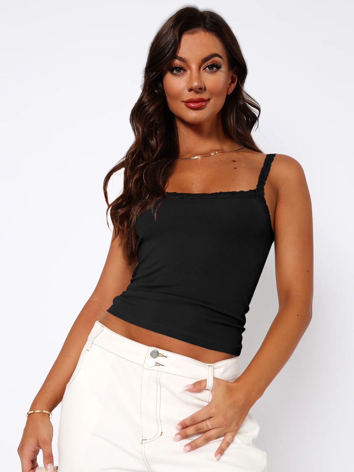 Lace Trim Straight Neck Cami-Angel Casuals