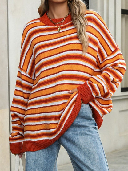 Striped Mock Neck Long Sleeve Sweater-Angel Casuals