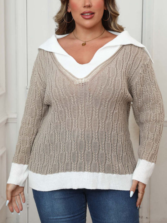 Plus Size Contrast Trim Collared Neck Sweater-Angel Casuals