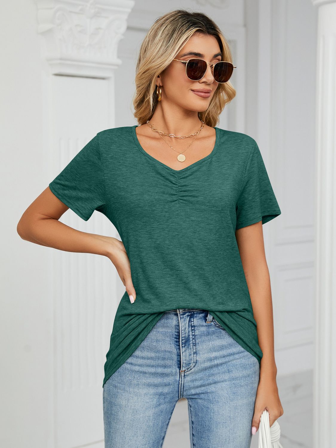 Ruched V-Neck Short Sleeve T-Shirt-Angel Casuals