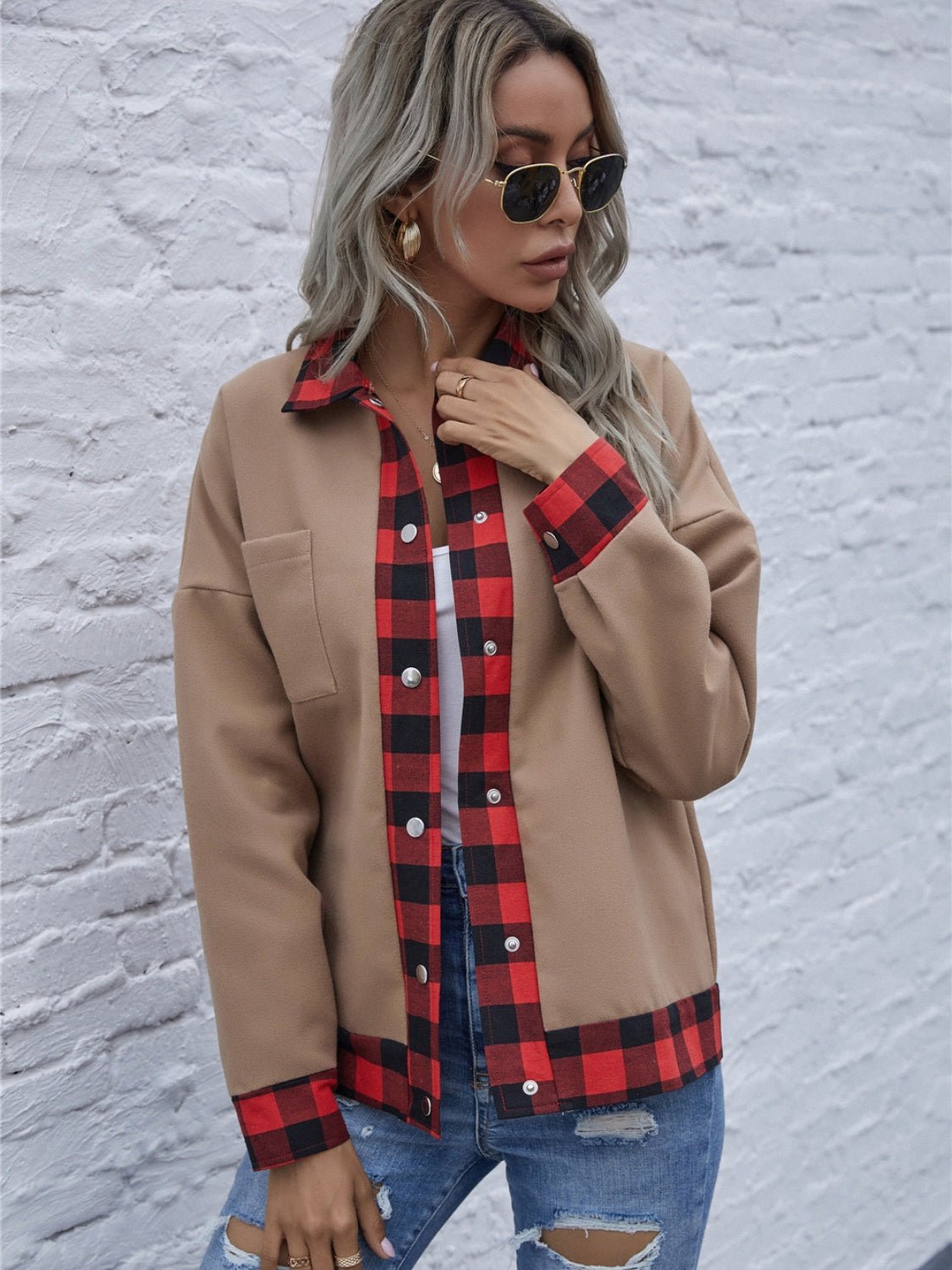Plaid Trim Long Sleeve Jacket-Angel Casuals