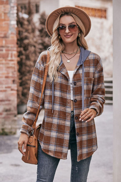 Plaid Dropped Shoulder Hooded Longline Jacket-Angel Casuals