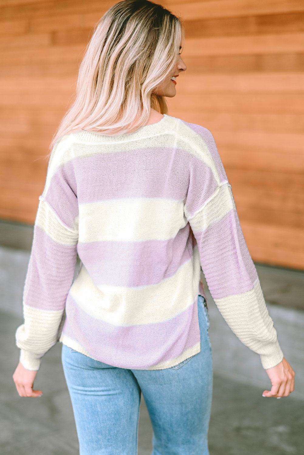 Notched Neck Color Block Dropped Shoulder Knit Top-Angel Casuals