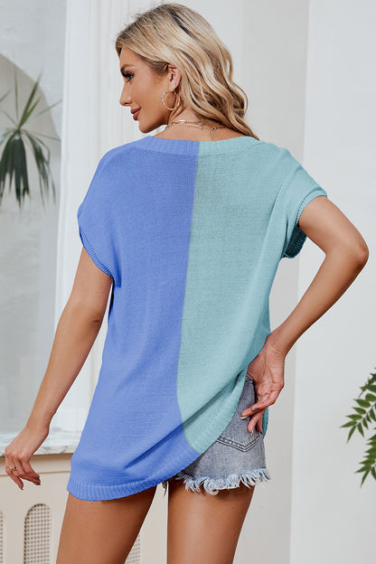 Color Block V-Neck Short Sleeve Knit Top-Angel Casuals
