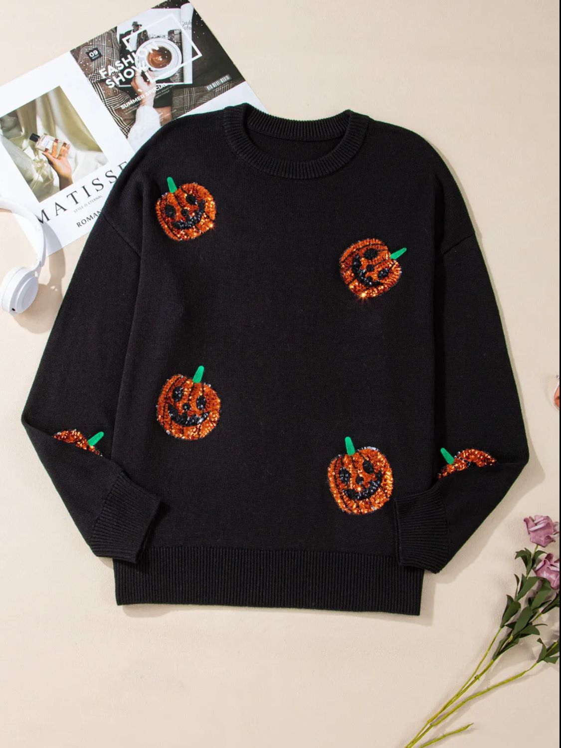 Plus Size Sequin Pumpkin Round Neck Sweater-Angel Casuals