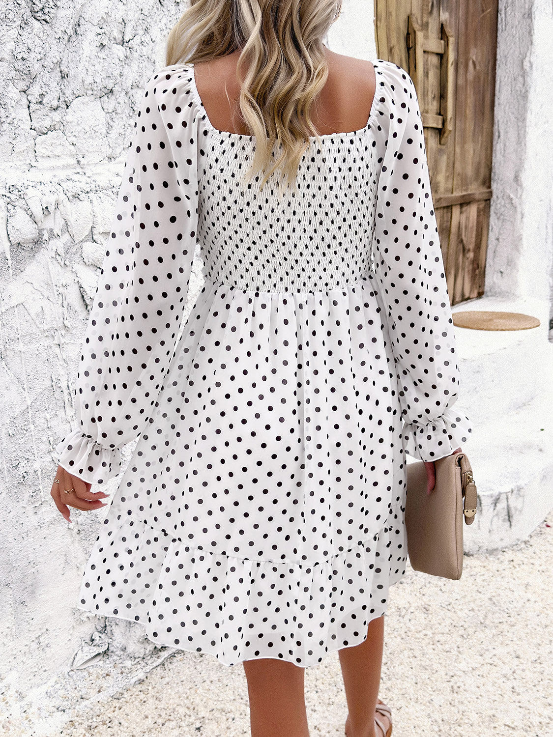 Smocked Polka Dot Long Sleeve Dress-Angel Casuals