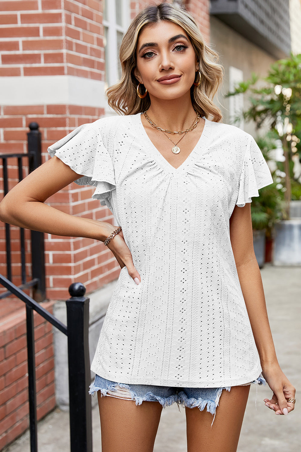Eyelet V-Neck Flutter Sleeve T-Shirt-Angel Casuals