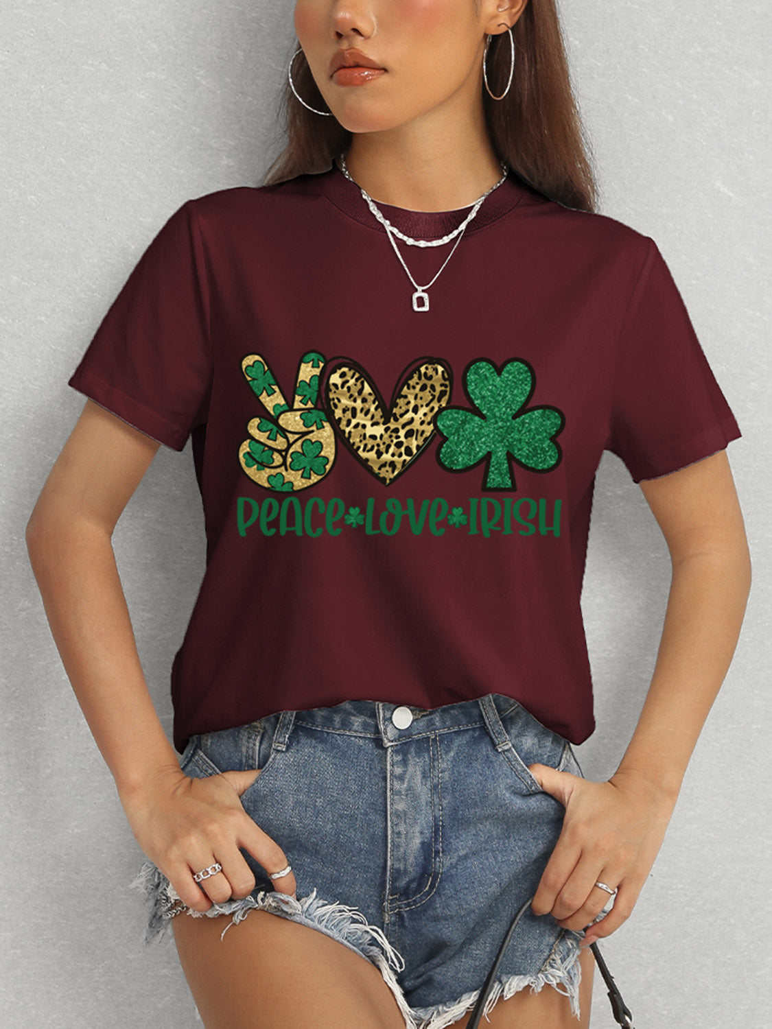 PEACE LOVE IRISH Round Neck Short Sleeve T-Shirt-Angel Casuals
