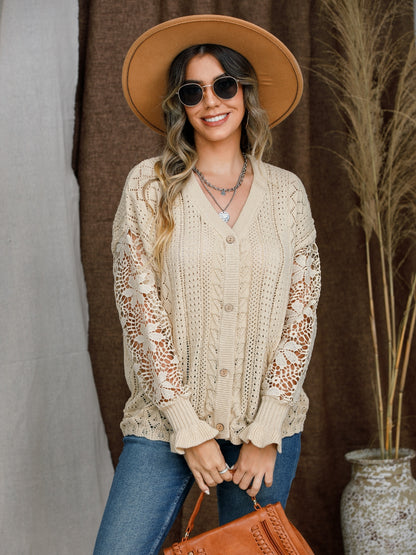 Eyelet Button Up Lantern Sleeve Cardigan-Angel Casuals