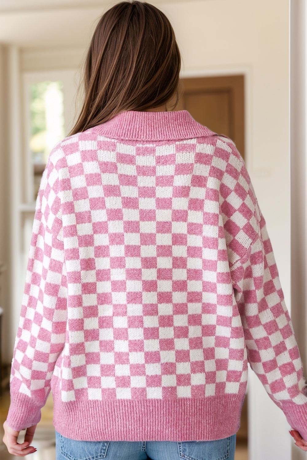 Checkered Collared Neck Dropped Shoulder Sweater-Angel Casuals