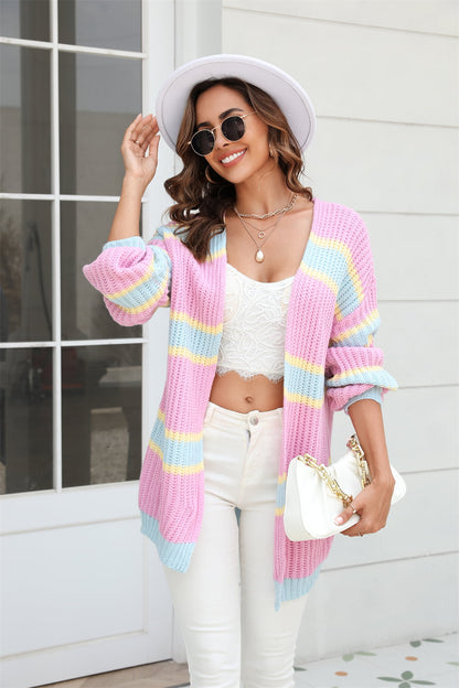 Color Block Ribbed Dropped Shoulder Open Front Cardigan-Angel Casuals