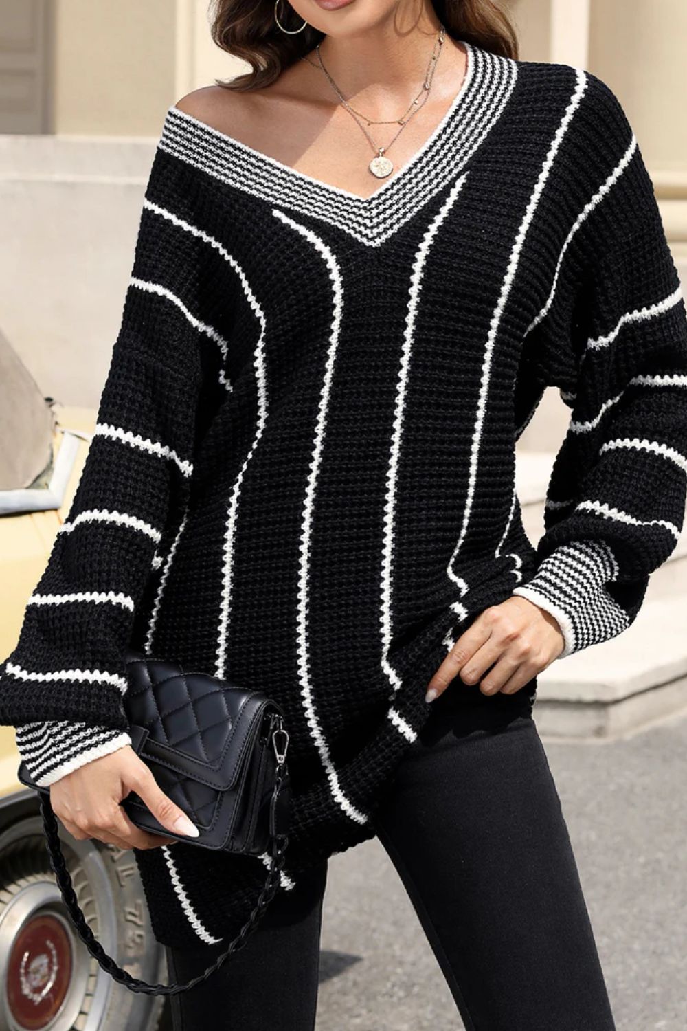 Striped V-Neck Long Sleeve Sweater-Angel Casuals