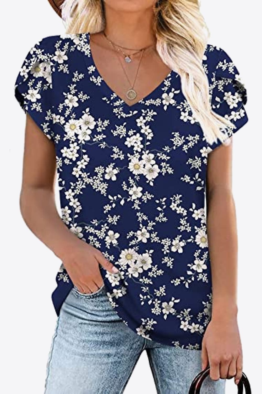 Printed Petal Sleeve V-Neck Blouse-Angel Casuals