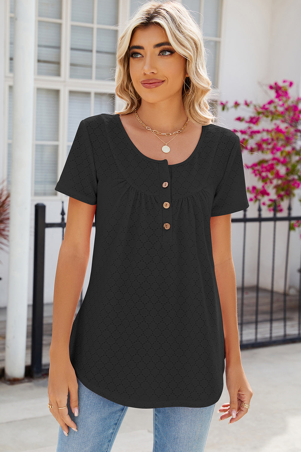 Eyelet Quarter Button Short Sleeve T-Shirt-Angel Casuals