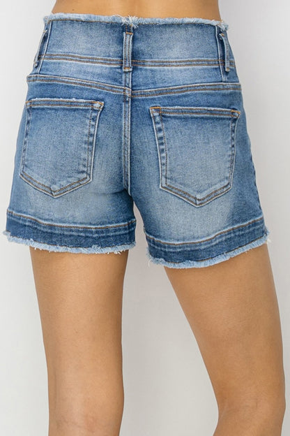 RISEN High Rise Seam Detailed Raw Edge Denim Shorts-Angel Casuals