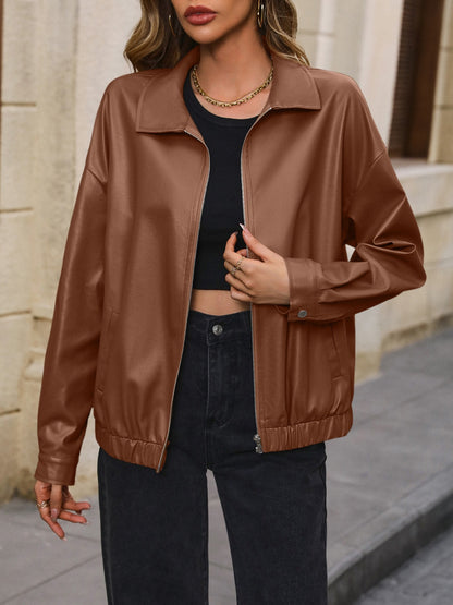 Ivy Lane Pocketed Zip Up Collared Neck Jacket-Angel Casuals