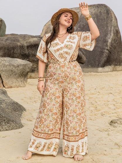 Plus Size V-Neck Flutter Sleeve Wide Leg Jumpsuit-Angel Casuals