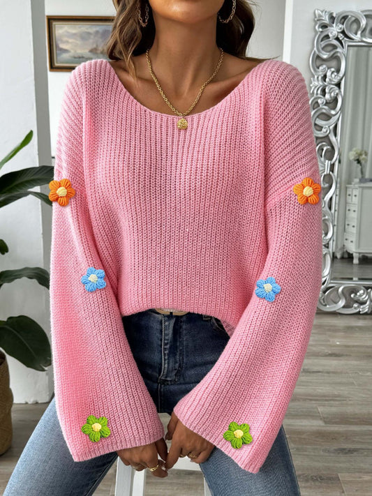 Flower Round Neck Long Sleeve Sweater-Angel Casuals