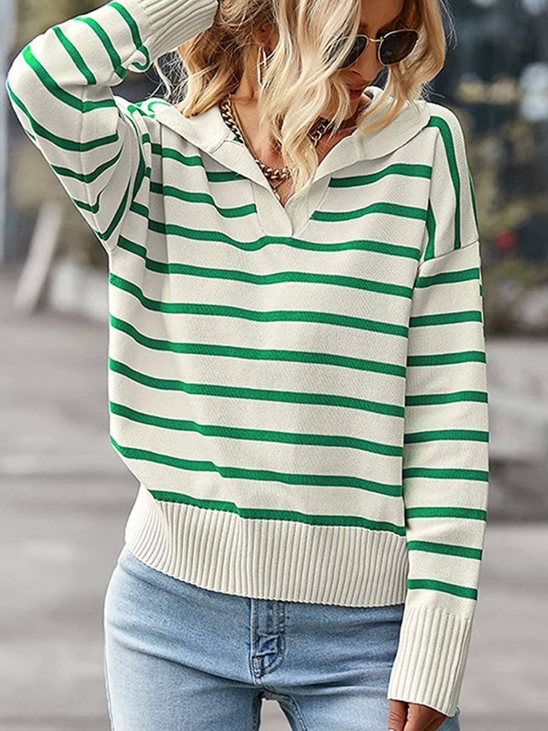 Striped Collared Neck Knit Top-Angel Casuals