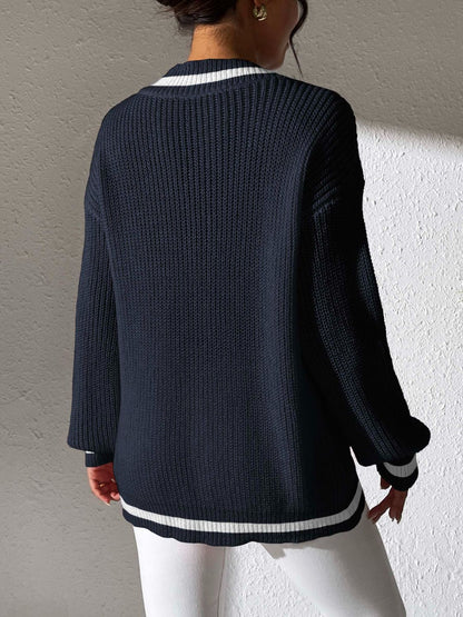 Contrast Trim V-Neck Long Sleeve Sweater-Angel Casuals