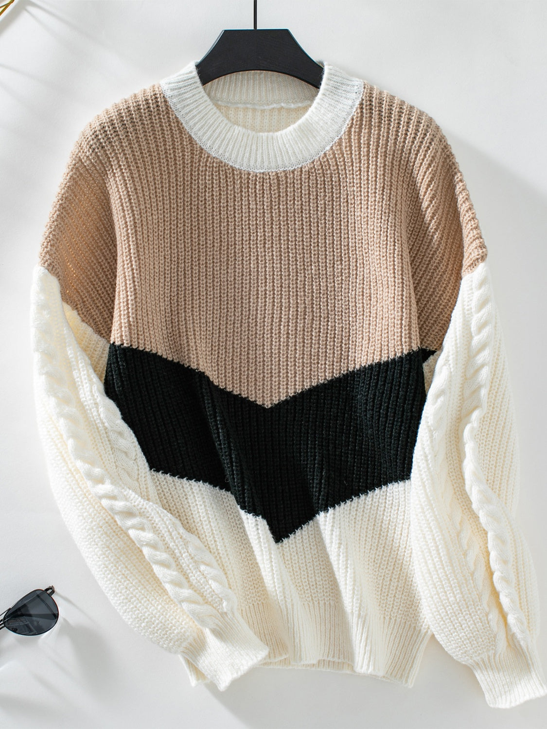 Contrast Round Neck Long Sleeve Sweater-Angel Casuals