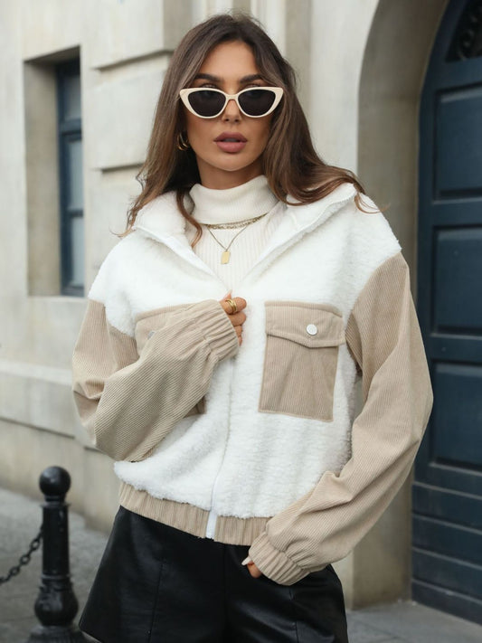 Contrast Zip Up Long Sleeve Jacket-Angel Casuals