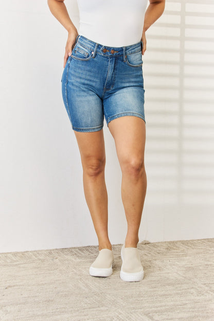 Judy Blue Full Size Tummy Control Double Button Bermuda Denim Shorts-Angel Casuals