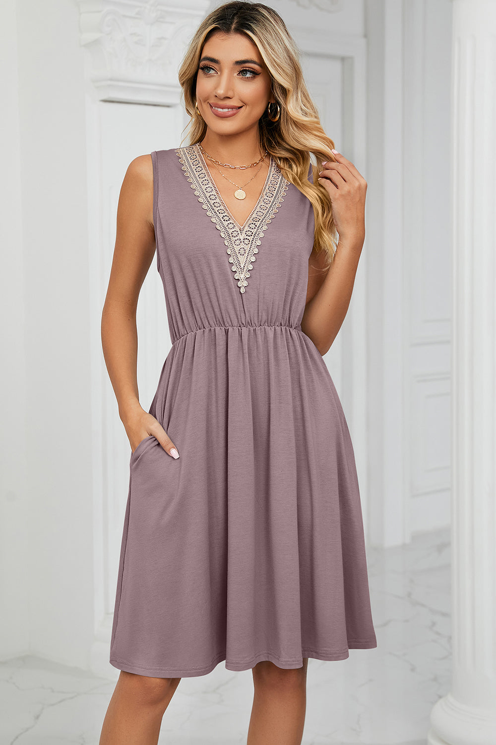 Pocketed V-Neck Wide Strap Dress-Angel Casuals