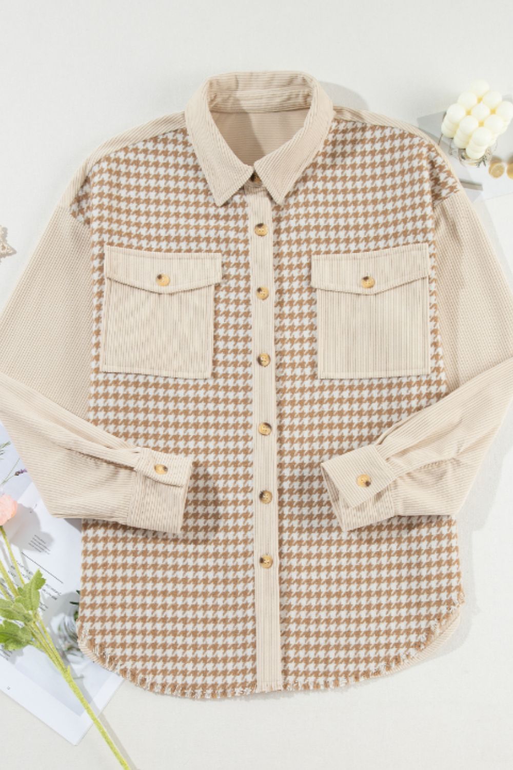 Houndstooth Button Up Long Sleeve Jacket-Angel Casuals