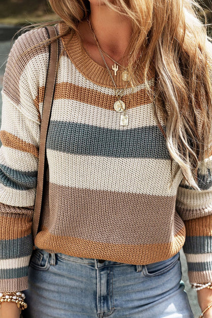 Striped Round Neck Dropped Shoulder Sweater-Angel Casuals