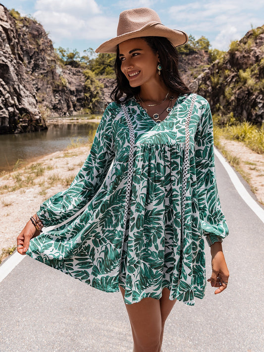 Long Sleeve V-Neck Mini Dress-Angel Casuals