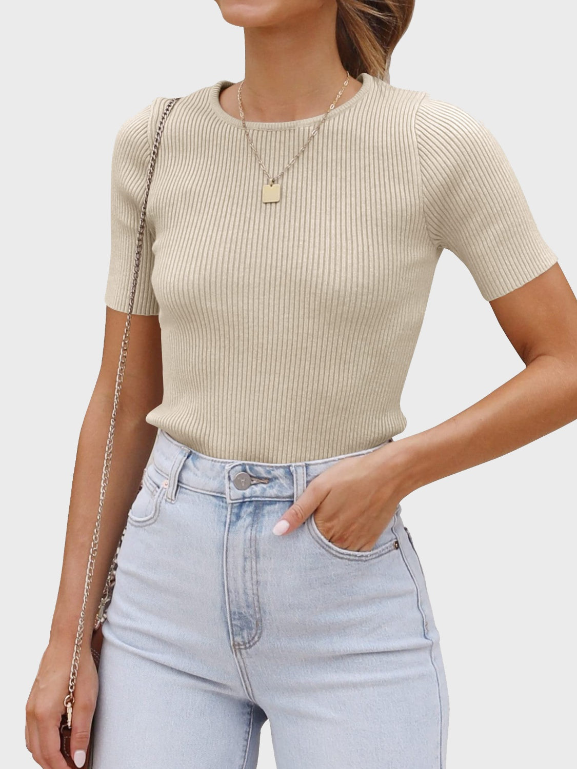 Round Neck Short Sleeve Knit Top-Angel Casuals