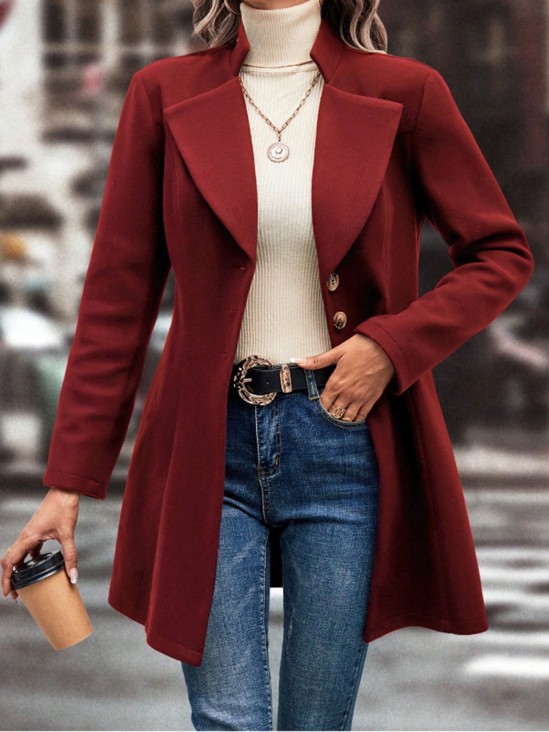 Collared Neck Button Up Long Sleeve Coat-Angel Casuals