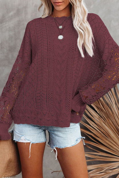 Openwork Lantern Sleeve Dropped Shoulder Sweater-Angel Casuals