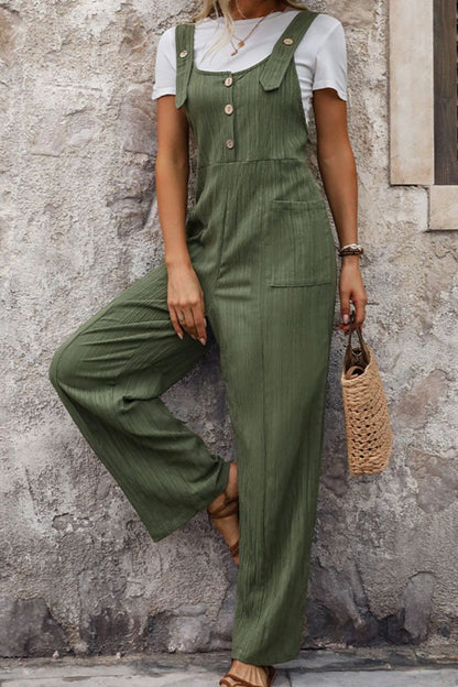 Textured Pocketed Wide Strap Overalls-Angel Casuals