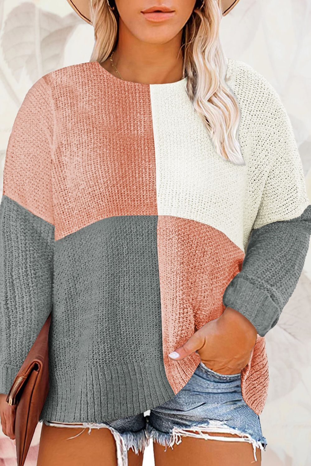 Plus Size Color Block Round Neck Sweater-Angel Casuals