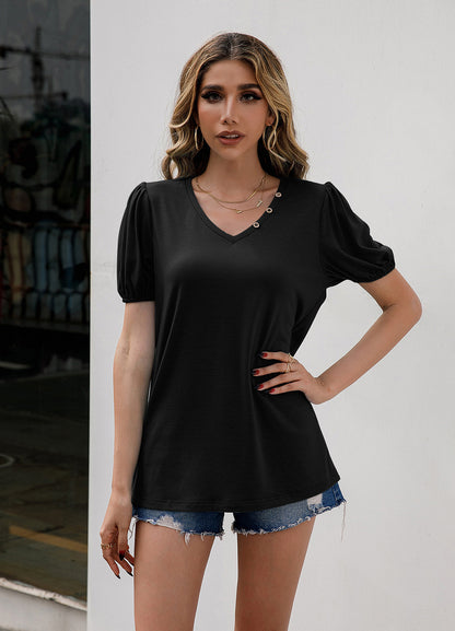 V-Neck Decorative Buttons Puff Sleeve Tee-Angel Casuals