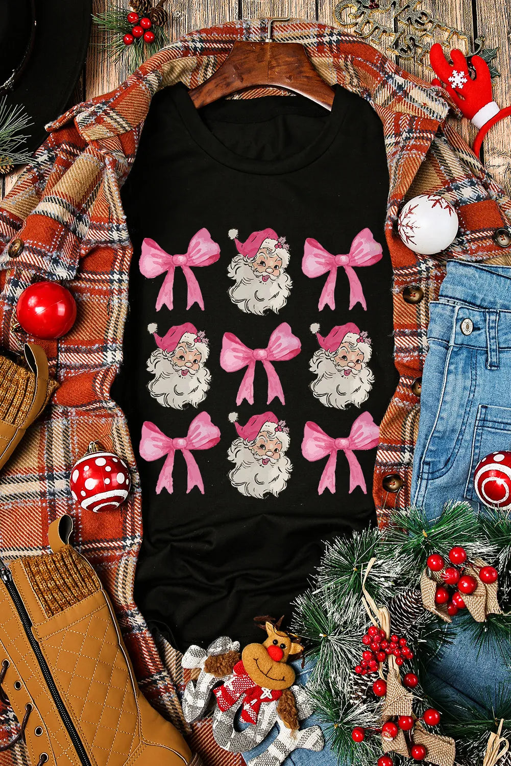 Santa & Bow Graphic Round Neck Short Sleeve T-Shirt-Angel Casuals