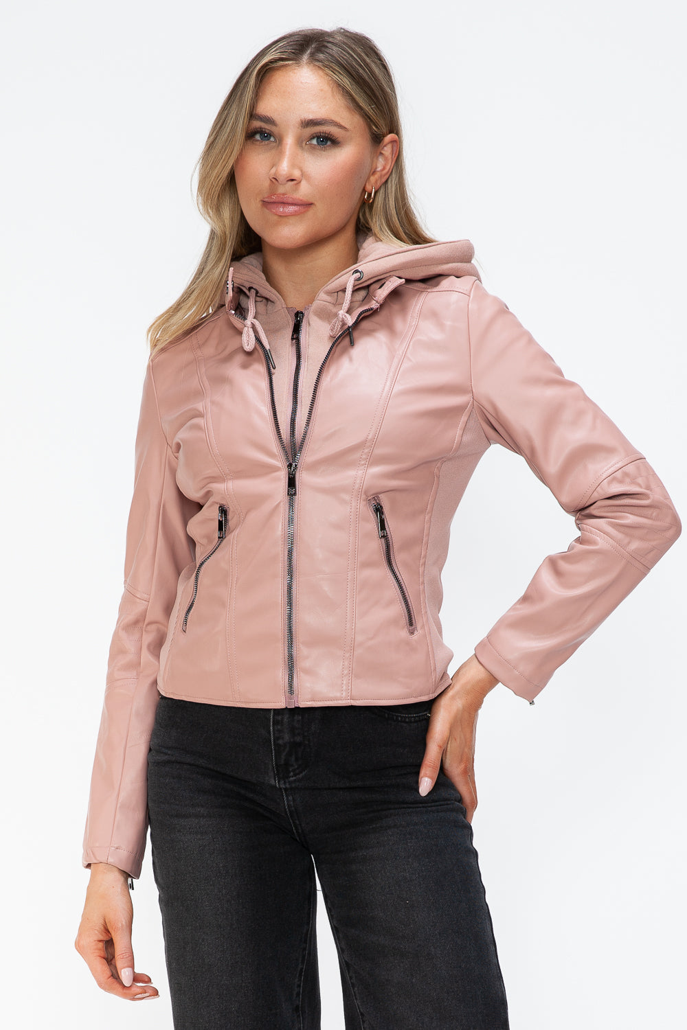 Snobbish Faux Leather Zip Up Drawstring Hooded Jacket-Angel Casuals