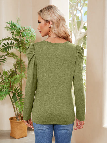 Buttoned Round Neck Puff Sleeve T-Shirt-Angel Casuals