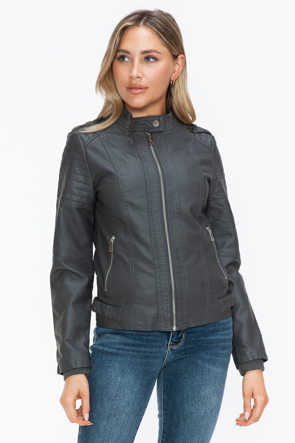 Snobbish PU Leather Biker Jacket with Side Zip Pockets-Angel Casuals