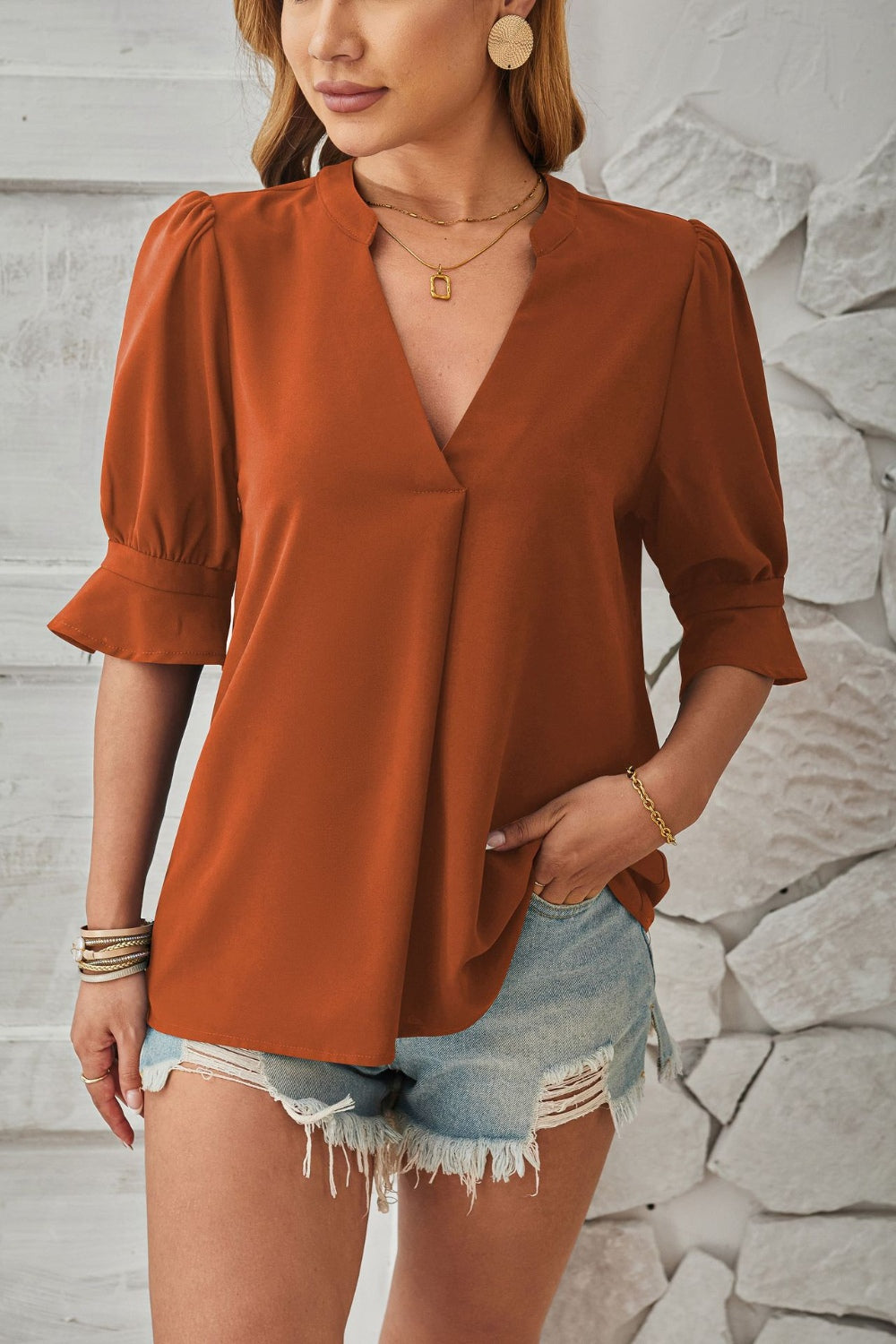 Notched Half Sleeve T-Shirt-Angel Casuals