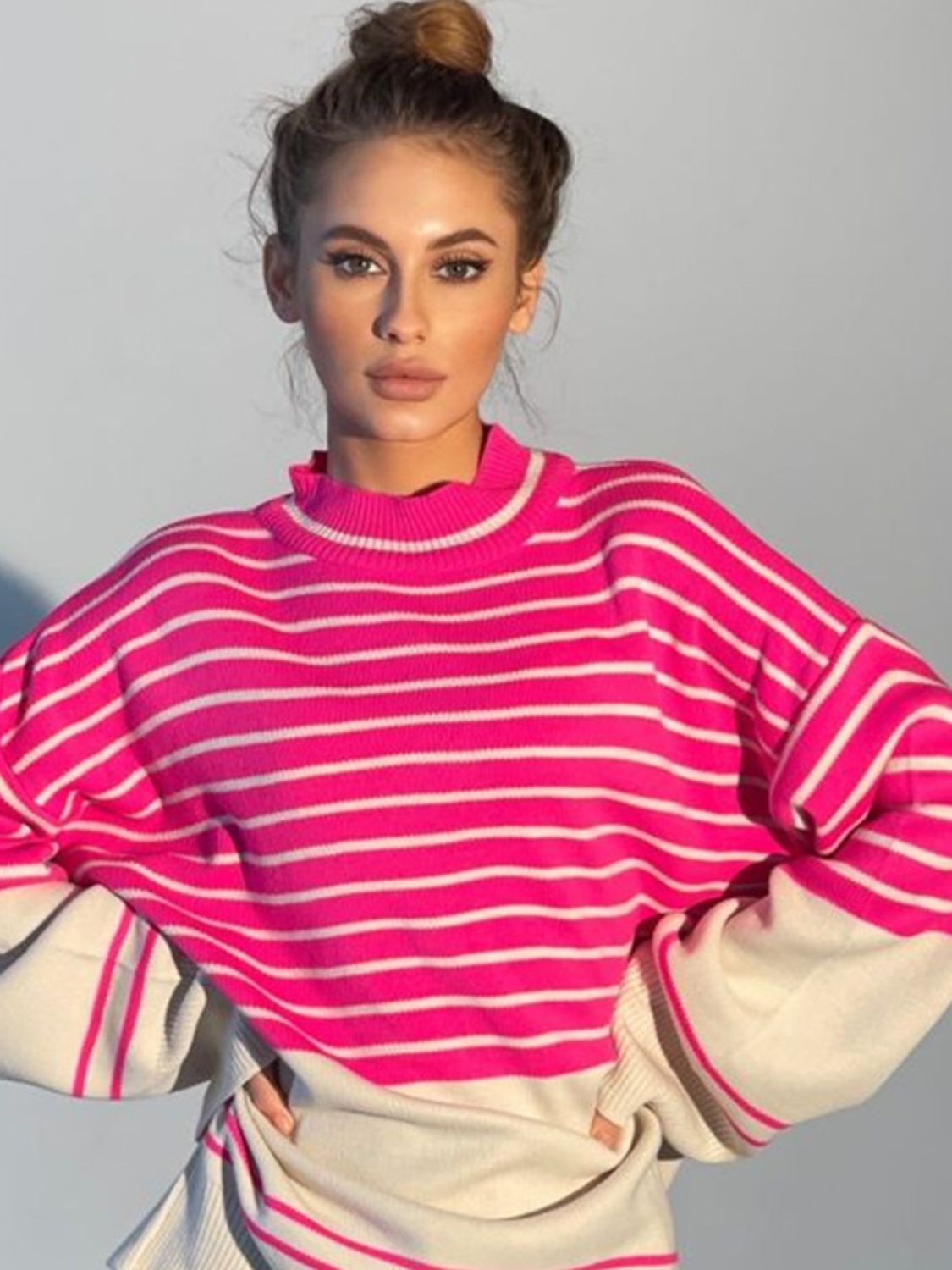 Striped Mock Neck Long Sleeve Sweater-Angel Casuals